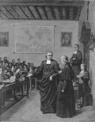 Jean Baptiste De La Salle (Jean-Baptiste) 1651-1719 Fransk religiös, grundare av kongregationen för bröderna i de kristna skolorna, visar en av sina skolor för M de La Chetardie. Gravyr från slutet av 1800-talet.