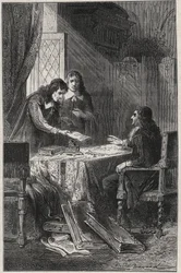 Jean Chapelain (1595-1674) fransk poet och litteraturkritiker och Pierre Costar (1603-1660) gav Jean Baptiste Colbert (1619-1683) en lista över författare som förtjänar att bli pensionärer av kungen - gravyr i "Les Hommes Celebres de la Frankrike” av Louis