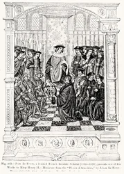 Jean le Feron (1504-70) presenterar ett av sina verk för kung Henrik II (1519-89) från Blason dArmoires, av Jean le Feron, illustration från vetenskap och litteratur under medeltiden och renässansskrivning