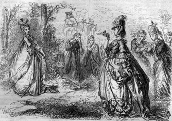 Jeanne Becu, grevinnan (eller madamen) av Barry (1743-1793)) Ludvig XV:s favorit vid Pavilion of Lucienne. Gravyr i "Historien om påvar-kungar-drottningar och kejsare genom århundradena" av Maurice Lachatre