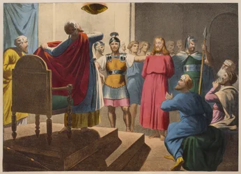 Jesus Kristus före Kaifas, illustration från en katekes LHistoire Sainte, utgiven av Charles Delagrave, Paris, sent 1800-tal