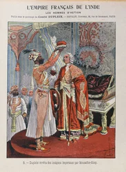 Joseph Francois Dupleix (1697-1763) får den kejserliga insignien från en indisk linjal, omslaget till skolskrivboken ca 1900