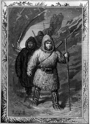 Joseph Rene Bellot (1826-1853) gav sig ut för att söka efter kapten William Kennedy nära Leopold i Hudson Bay. Gravyr i den berömda journalen "" La jeunesse""