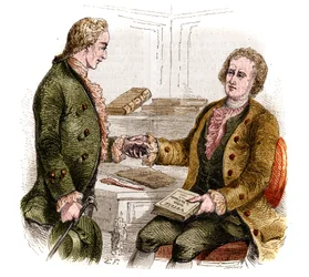 Joseph de Maistre (1753-1821), fransk politiker, författare och filosof, och greve Xavier de Maistre (1763-1852), fransk officer och författare med det första exemplaret av "Resan runt mitt rum". Skogsteckning. Gravyr från 1852.