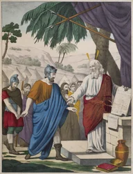 Joshua utnämnd av Moses till hans efterträdare, illustration från en katekes LHistoire Sainte, publicerad av Charles Delagrave, Paris, sent 1800-tal