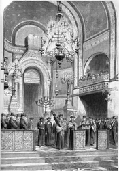 Judendom: högtidligt mottagande av överrabbinen i Paris, Zadoc Kahn (1839-1905), i synagogan på rue Notre Dame de Nazareth, 13 januari 1869. Överrabbinen indikerade ""Bön för kejsaren"". Gravyr i ""The Illustrious World"" nr 615 av 23 ja