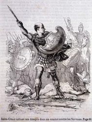 Julius Caesar samlar sina trupper i en kamp mot nerverna - i "Histoire de France" av L.-P. Anquetil