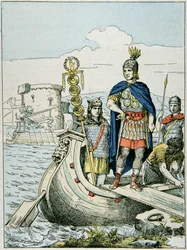 Julius Caesar ger sig ut för att straffa pirater som höll honom för lösen (färg litho)