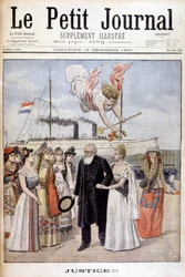 Rättvisa! : President Kruger kommer för att tala för sitt folks sak i Holland, till drottning Wilhelmine - i "Le Petit Journal" av 1900-12-16 (gravyr)
