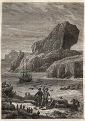 Kerguelenöarna. Illustration för The Great Navigators of the Arteeenth Century av Jules Verne - James Cook aux Iles de Kerguelen en 1776 (kerguelens skärgård eller Iles de la Desolation) - i "The Voyageurs of the 18th and 19th Century - illustration