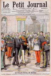 Kung Alfonso XIII av Spanien presenterar sitt hov för Frankrikes president Emile Loubet vid det kungliga palatset i Madrid. Vid det kungliga palatset i Madrid. Kungen av Spanien Alfonso XIII presenterar hovets dignitärer för republikens president Loubet