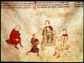 Kung Arthur på sin tron omgiven av sina rådgivare, från Roman de Meliadus