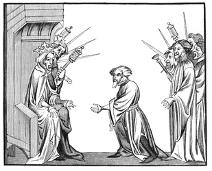 Kung Karl den Store (742-814) som tar emot trohetseden och hyllningen från en av sina feudatorier eller höga baroner, från en miniatyr i cameo av Chronicles of St. Denis