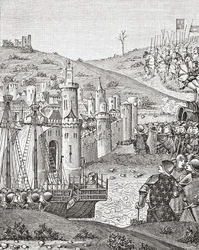 Kung Charles VII, efter att ha lämnat Rouen, ger sig ut för att belägra staden Harfleur, efter en miniatyr från 1400-talets manuskript Chroniques de Monstrelet, från Science and Literature in The Middle Ages av Paul Lacroix pub. London 1878
