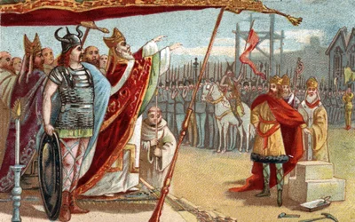 Kung Dagobert I (605-639), merovingisk kung av frankerna, 629 till 634 lägger den första stenen i basilikan Saint Denis (Saint Denis) i närvaro av Saint Eloi. Kromolitografi från slutet av 1800-talet.