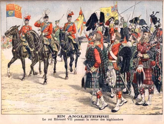 Kung Edward VII granskar Highland-trupper. I England. Kung Edward VII (1841-1910) godkände granskningen av högländare. Illustration för Le petit Journal, 8 oktober 1905.
