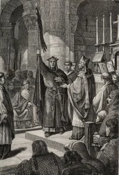 Kung Ludvig VII (1120-1180) tar oriflamen vid basilikan Saint Denis (Saint Denis) i närvaro av drottning Alienor av Aquitaine och tar emot humlan och pannetieren av pelerin från påven Eugene III:s händer (? -1153) före hans avgång