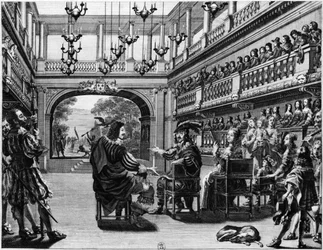 Kung Ludvig XIII (1601-43) och drottning Anne av Österrike (1601-66) vid produktionen av Mirame i Palais Cardinal, Paris, 1641