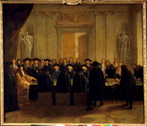 Kung Ludvig XIV (1638-1715) håller sigillen i närvaro av statsråden och befälhavaren medan han själv innehade ämbetet som Frankrikes kansler mellan februari och april 1672 Anonym målning. 1600-talets sön. 1,10 x 1,28 m