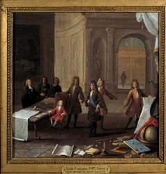 Kung Ludvig XV (1710-1774) barn som tar emot en lekon i närvaro av kardinal Fleury och regenten Philip II hertig av Orleans (1674-1723) Anonym målning från 1700-talet, olja på koppar Dim. 0,23 x 0,23 m Paris, Musee Carnavalet - Teaching
