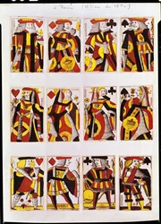 King, Queen och Jack spelkort (färgad trägravyr)