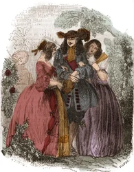 Kung av Frankrike Ludvig XIV (1638-1715) med Hortense Mancini (1646-1699) och hans syster Marie Mancini (1639-1715). Systerdotter till Mazarin. Gravyr av 1800-talet.