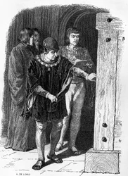 Kung av Frankrike Ludvig XI besöker bastiljens burar. Gravyr i "" Notre Dame de Paris"" av Victor Hugo