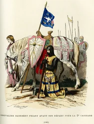 Riddarbaneret (adlig titel som ger rätt att bära en fana) ber innan han ger sig ut på det andra korståget (1147-1149). Färggravyr, i "France et les francais a travers les siecles" av Augustin Challamel, F.Roy editor, Paris 1882.