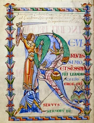 Riddare som kämpar mot draken - lettrine R (initial), miniatyr från manuskriptet "Moralia in Job", Morales sur Job av Saint Gregoire, från klostret i Citeau