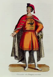 Riddare av den ungerska drakorden omkullkastad, illustration från Histoire et Costumes des Ordres Monastiques av Pierre Helyot (1660-1716), 1842