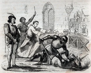 Carrouges-affären, 29 december 1386 - sista rättsliga duellen - duell mellan Jacques le Gris (1330-1386) och Jean de Carrouges - gravyr i «Paris gator. Det gamla och moderna Paris: ursprung, historia, monument, dräkter, seder, krönikor och traditioner»