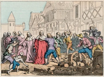 La Fronde (27 augusti 1648) - barrikader i Paris: en rotorpojke som hotar parlamentets president Mathieu Mole (1584-1656) - President Mole handlades av rebeller - Gravering av slutet av 1800-talet i "" Nos Gires Nationales - Bilder och reci