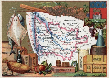 La Gironde (33), Aquitaine, Frankrike. Lokal specialitet: fisk, anisett, Bordeauxvin, plommon, ljus, cigarrer, korkar och kolonial mat. Serie om de franska departementen. Kromolitografi (Chromo) "" den geografiska tråden"", ca 1920. Privat samling.
