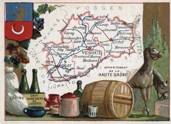 Haute-Saone (Haute Saone, 70), Franche Comte (Franche-Comte), Frankrike. Mjöl, Luxeuil Minerales, kirschwasser (kirsch). Serie om de franska departementen. Kromolitografi (Chromo) "" den geografiska tråden"", ca 1920. Privat samling.