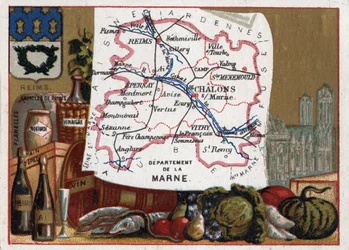 La Marne (51) i Champagne Ardenne (Champagne-Ardenne), Frankrike. Lokala specialiteter: champagne och Cathedrale de Reims. Serie om de franska departementen. Kromolitografi (Chromo) "" den geografiska tråden"", ca 1920. Privat samling.
