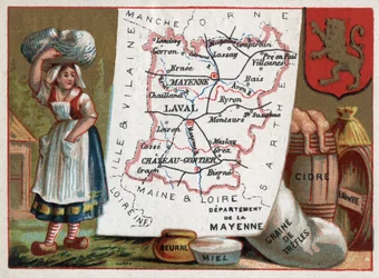 La Mayenne (53), Pays de la Loire, Frankrike. Bonde, smör, honung, trefflefrön, cider och konjak. Serie om de franska departementen. Kromolitografi (Chromo) "" den geografiska tråden"", ca 1920. Privat samling.