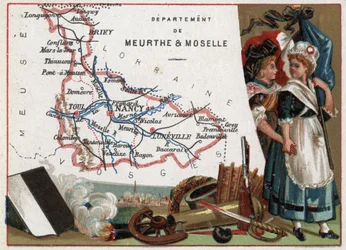La Meurthe et Moselle (Meurthe-Et-Moselle, 54), Lorraine, Frankrike. Porträtt av två revolutionära kvinnor. Serie om de franska departementen. Kromolitografi (Chromo) "" den geografiska tråden"", ca 1920. Privat samling.