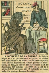 La Riche de la France, illustrerar den tredje republikens fördelar för fransmännens personliga berikande. Gravyr, i "Le Figaro, supplement", den 30/03/1889, Paris.