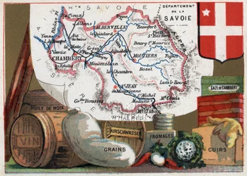 La Savoie (73), Rhone Alpes (Rhône-Alpes), Frankrike. Serie om de franska departementen. Lokal specialitet: valnötsolja, vin, spannmål, kirschwasser (kirsch), ost, kammargasväv och läder. Chromolithography (Chromo) "" den geografiska tråden"", cirka 1920. 