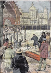 La Seine gelee, nära järnbron som byggdes för den universella utställningen, bredvid Pont des Invalides, vintern 1899. Gravyr i "" Le Pelerin"" 31/12/1899.