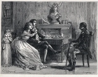 La Terreur under den franska revolutionen: Camille Desmoulins (1760-1794), fängslad, fick besök av sin fru Lucile (1770-1794) och marekan Guillaume Brune (1763-1815)