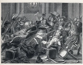 La Terreur under den franska revolutionen: arrestering av Maximilian de Robespierre (1758-1794) och hans anhängare återförenades på Hotel de Ville de Paris den 9 Thermidor år II (27 juli 1794). I mitten avfyrade en gendarm en pistol mot Robespierre (1758-1
