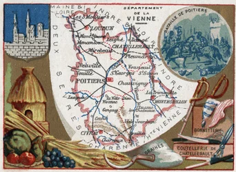 La Vienne (86), Poitou-Charentes (Poitou Charentes), Frankrike. Frön, Chatellerault bestick och strumpor. Serie om de franska departementen. Kromolitografi (Chromo) "" den geografiska tråden"", ca 1920. Privat samling.