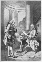 La demission de Turgot 1776 - Ludvig XVI (1754-1793), kung av Frankrike, och Anne Robert Jacques Turgot (1727-1781) - Turgots avskedande - gravyr från "" L