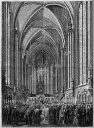 Den helige Andes mässa, firad i Sainte Chapelle i Paris, med anledning av magistratens återkomst, den 3 november 1863. Gravyr i ""Le Monde Illustre"" n°343 den 7 november 1863.