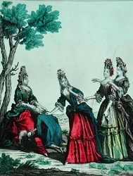 Damer som spelar gissningslek med en gentleman, 1600-talets andra hälft (färggravyr)