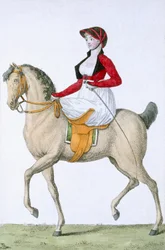 Lady rider sidosadel, från Costumes Parisien, publicerad i Journal des Dames et des Modes, 1798