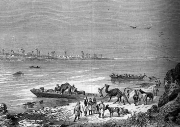 Lake Niger i staden Sai, Afrika. Gravyr i "Le Journal de la jeunesse""