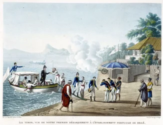 Landning vid den portugisiska bosättningen Dilé, ön Timor.