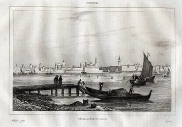 Landsteg för Lido av Venedig - Gravyr från "" Pittoreska Italien"" av M. de Norvins, Ch. Nodier 1834-1836.